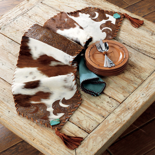 Cowhide and Turquoise Table Runner Small Lone Star Western Decor