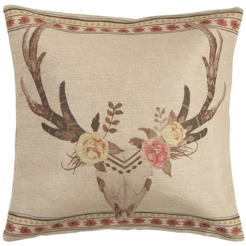 Burlap Skull with Flowers Pillow