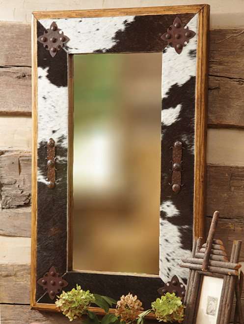 Cowhide Mirror with Metal Medallions