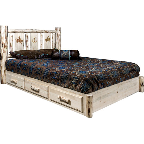 Frontier Platform Bed with Storage & Laser-Engraved Bronc Design - Full