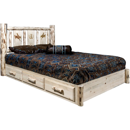 Frontier Platform Bed with Storage & Laser-Engraved Bronc Design - Twin