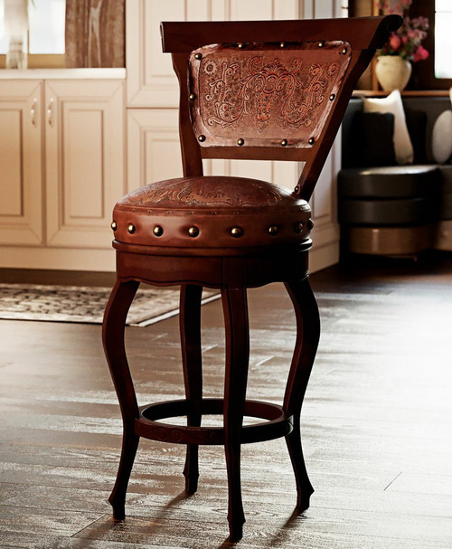 Spanish Heritage Swivel Barstool with Back - Brown - Set of 2