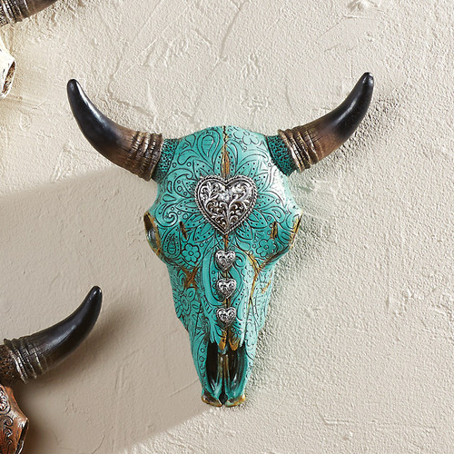 Turquoise Steer Skull with Heart Wall Hanging