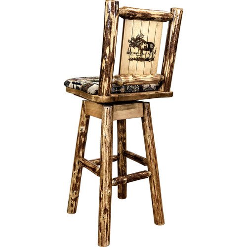 Woodsman Woodland Upholstery Counter Stool with Back, Swivel & Laser-Engraved Moose Design