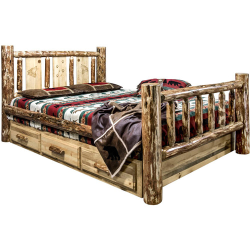 Cascade Storage Bed with Laser Engraved Wolf Design - Cal. King