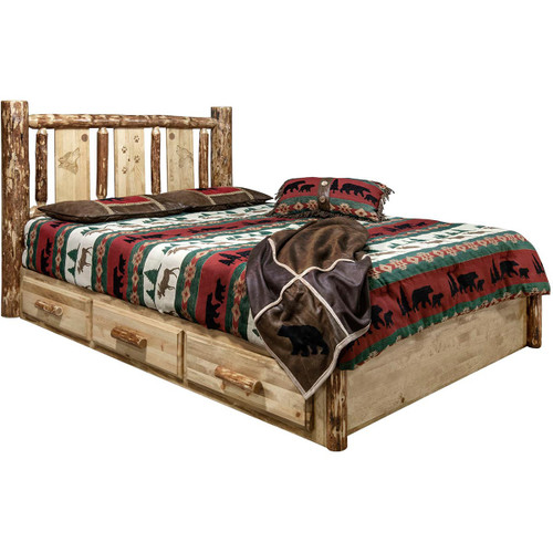 Cascade Platform Storage Bed with Laser Engraved Wolf Design - Twin