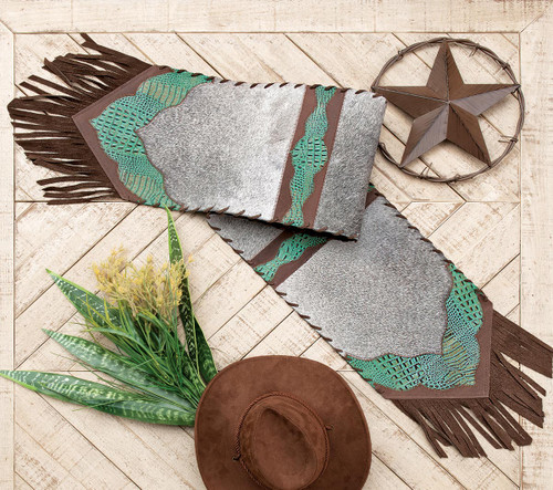 Cowhide & Turquoise Tooled Leather Table Runner - 62 Inch