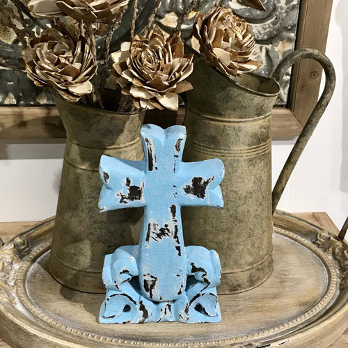 Teal Sanctuary Carved Wood Tabletop Cross