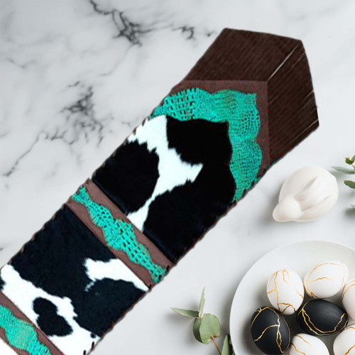 Fringed Holstein & Teal Faux Gator Table Runners