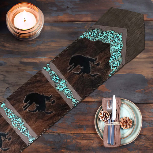 Fringed Teal Floral Bronc Leather Table Runners
