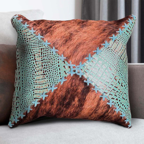 Brindle Cowhide & Teal Faux Croc Pillow