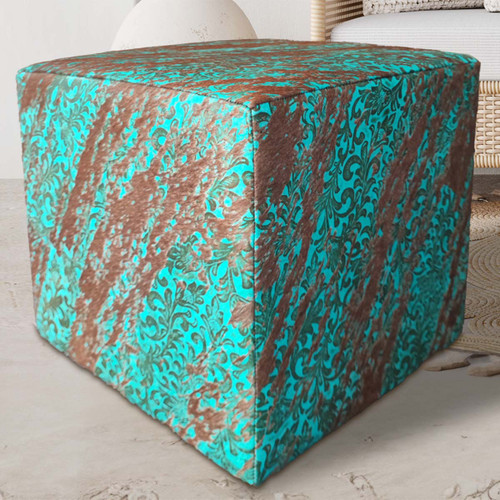 Distressed Turquoise Floral Cowhide Square Pouf