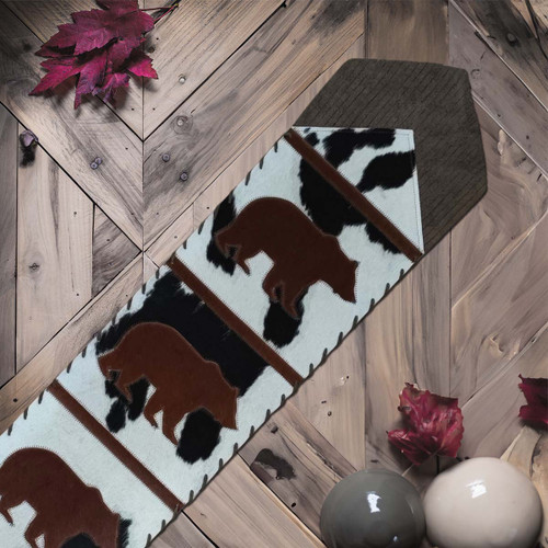 Fringed Roaming Brown Bears Leather Table Runner - 120 Inch