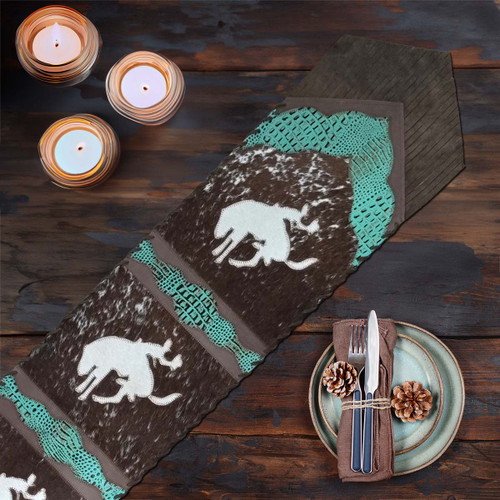 Fringed Wild Rider & Teal Faux Gator Table Runner - 96 Inch