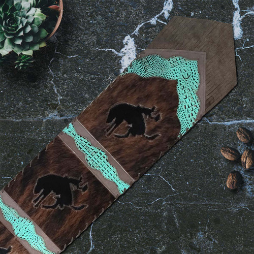 Fringed Bronc & Teal Faux Gator Table Runner - 120 Inch