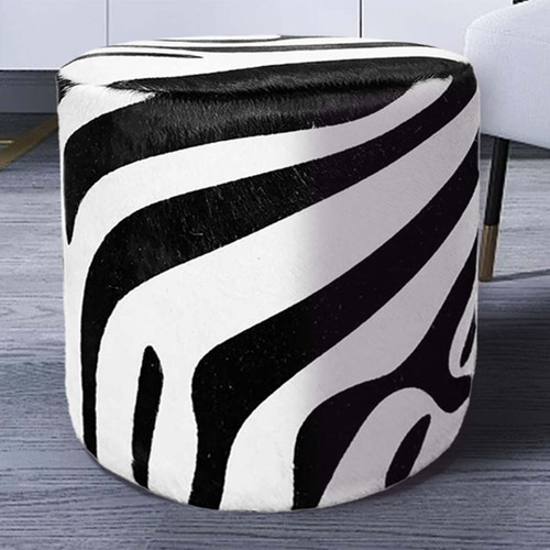 Zebra Cowhide Round Pouf