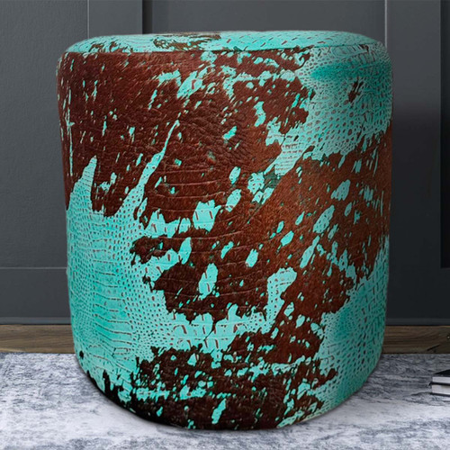 Turquoise Embossed Gator & Cowhide Round Pouf