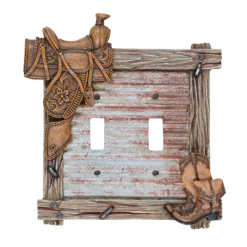 Barnwood Boots & Saddle Double Switch Plate