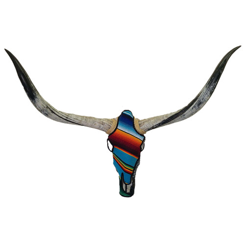Authentic Longhorn Skull with Mexican Serape Cowhide & Black Glass