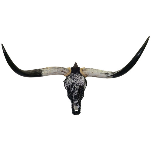 Authentic Longhorn Skull with Cowhide & Black Glass