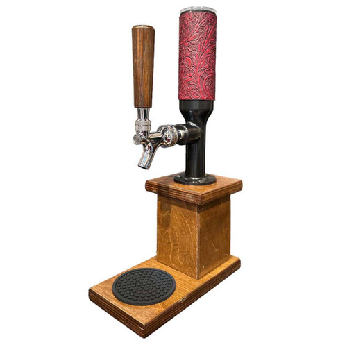 Single Whiskey Tower with Red Tooled Leather & Wood Tap