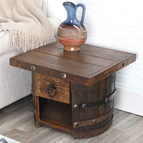 Reclaimed Tequila Barrel Table with Drawer