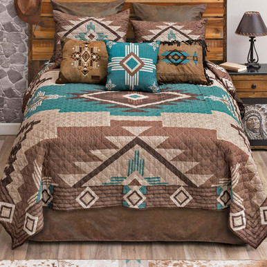 Image of Mocha Turquoise Southwest Quilt Bed Set - Queen