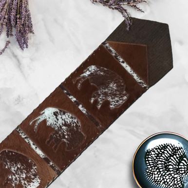 Fringed Roaming Bison Dark Leather Table Runner - 120 Inch | Lone Star