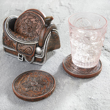 Tooled Leather Saddle Coaster Set with Holder