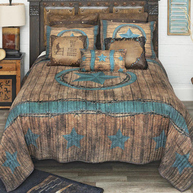 Image of Turquoise Star & Barbed Wire Quilt Bed Set - King