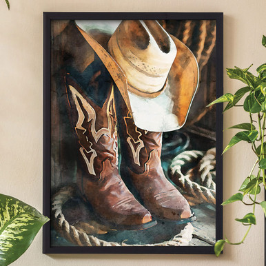 Western Cowboy Hat Boots Framed Wall Art Lone Star Western Decor