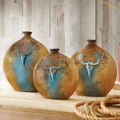 Image of Turquoise Cattle Ranch Pottery Vases - Set of 3