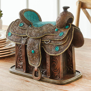 Image of Tooled Leather & Turquoise Saddle Sculpture