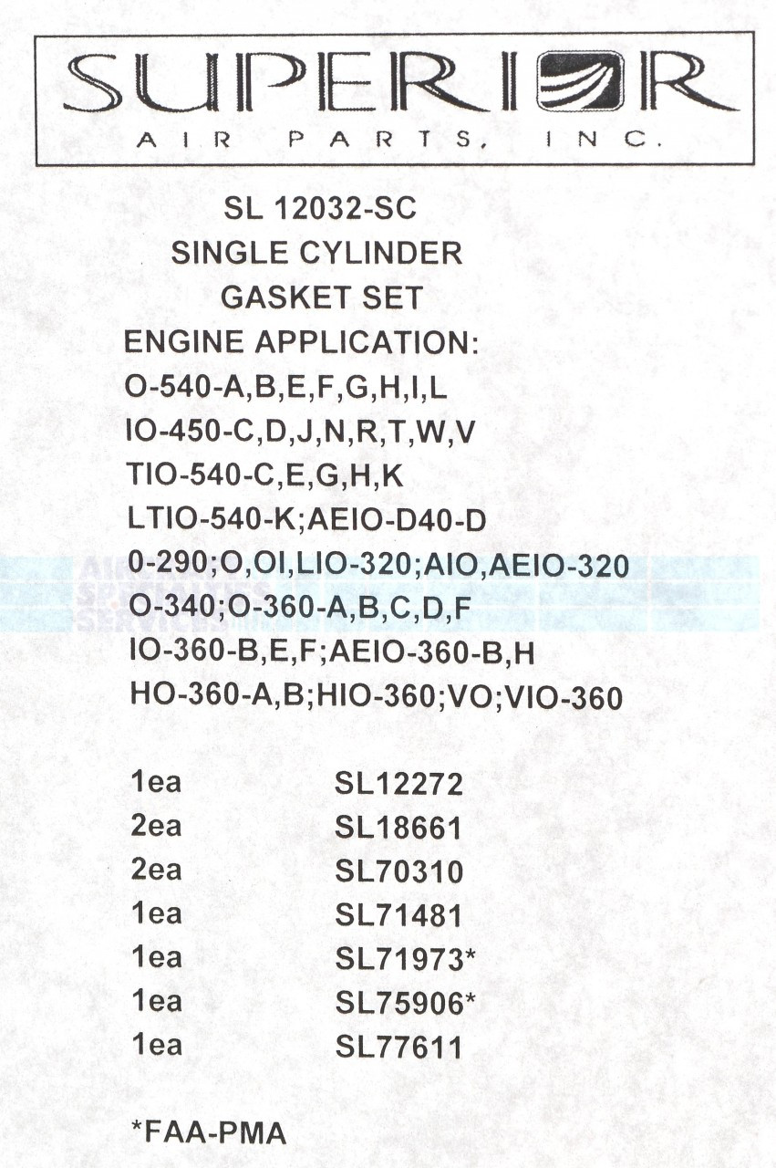 Gasket Set Single Cylinder Sl132 Sc Aircraft Specialties Services