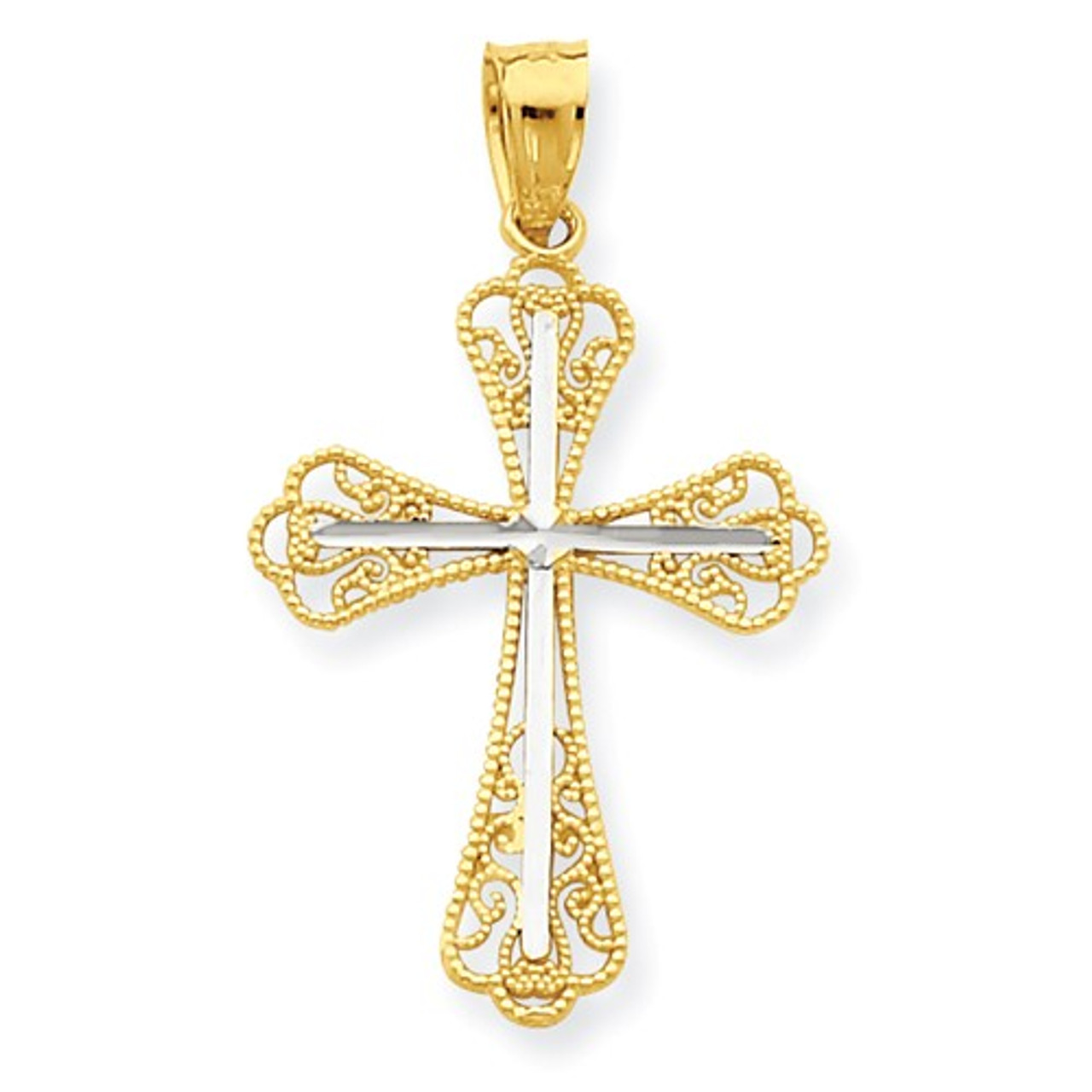 10KT Gold and Rhodium Diamond-Cut Cross Pendant- 1