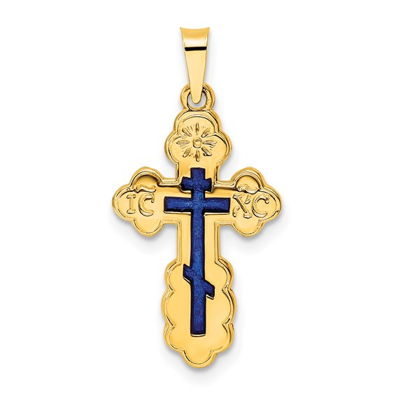 14KT Gold St. Olga Style Cross with Blue Enamel- Medium