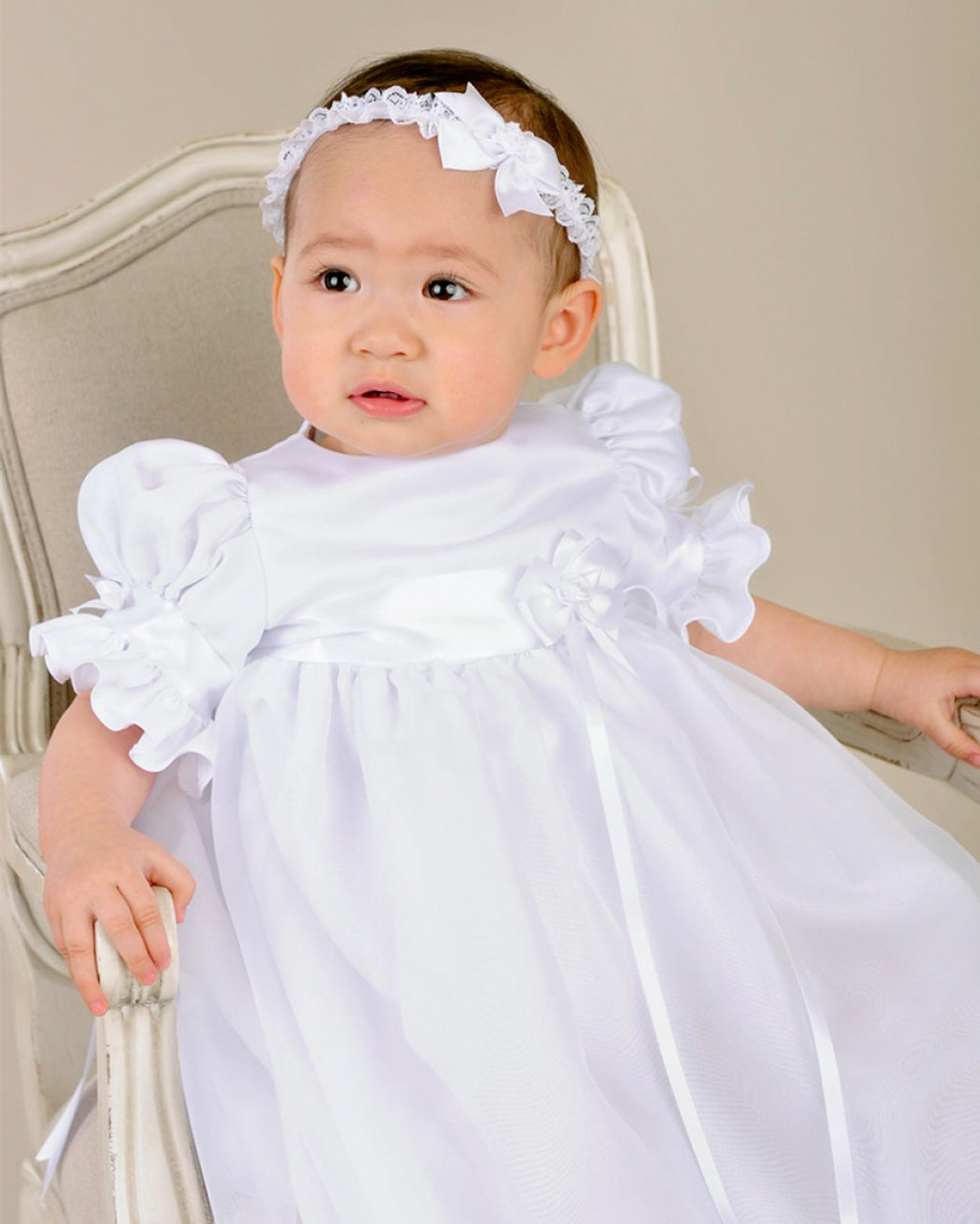 Christening Gown Long Sleeves Baptism Dress Gown White or Ivory with B –  Suma Christening Gowns, Flower Girls & First Communion