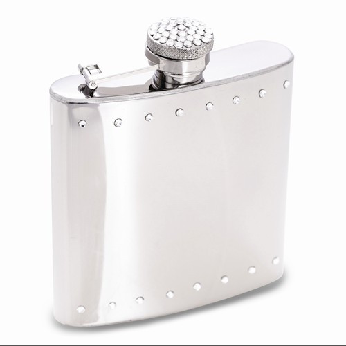 Engravable 6 oz. Stainless Steel Crystal Accent Polished Flask