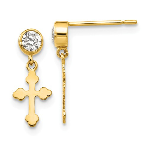 14KT Gold & CZ Children's Cross Dangle Post Earrings