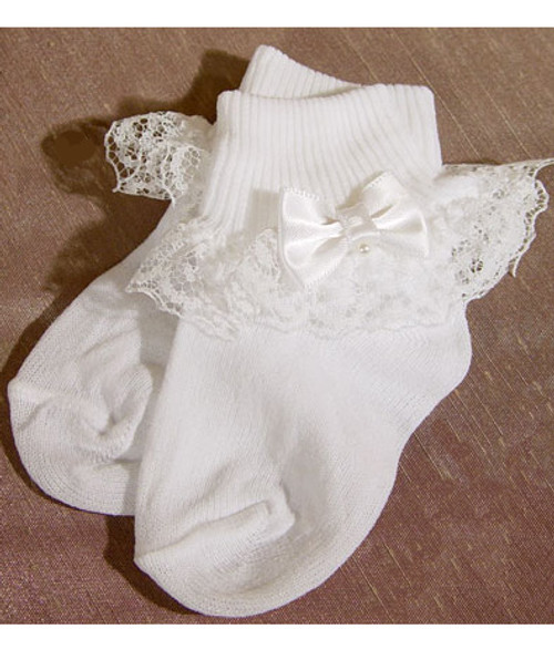 Girls White Lace Christening Socks