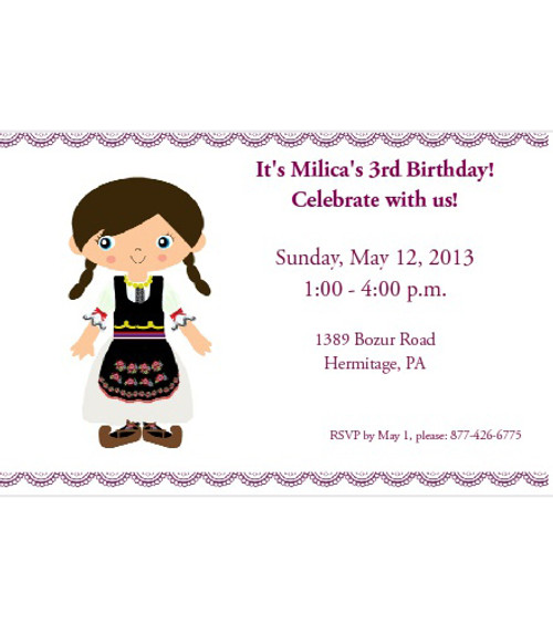 Serbian Girl Customized Party Invitations- Set of 25