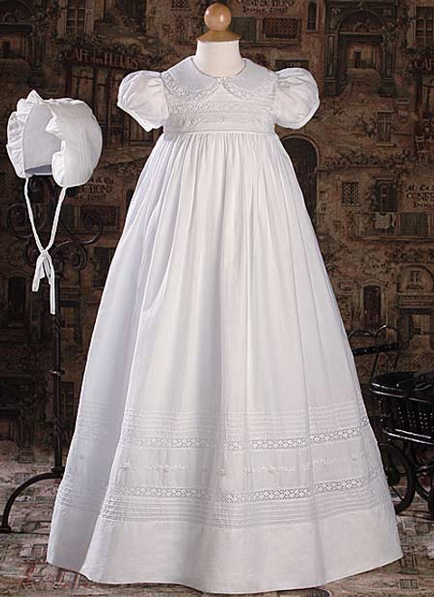 33" Short Sleeve Baptismal Gown with Hand Embroidery and Pintucking