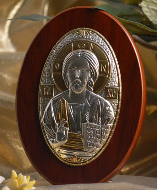 Italian Silver Icon of Christ on Wood 