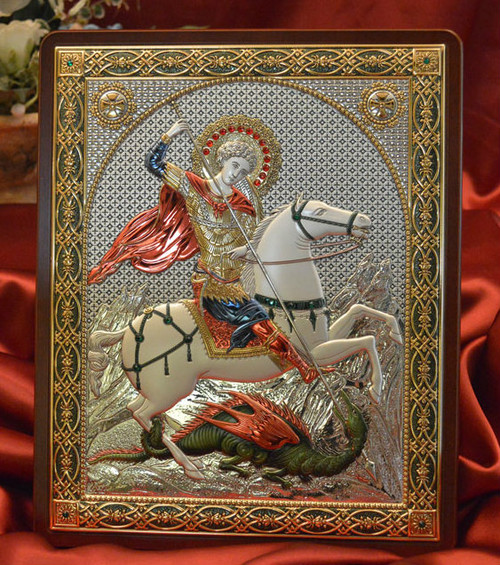 St. George the Great Martyr Italian Silver Icon in Color: 4 Sizes Available