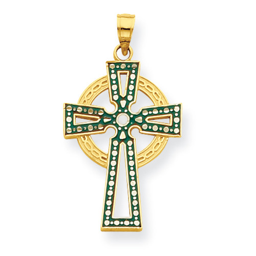 14K Green & White Enameled Diamond-Cut Celtic Cross Pendant