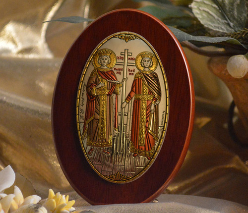 Italian Silver Icon of Ss. Constantine and Helen on Wood (Colored)