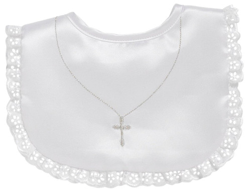 Embroidered Silver Cross Baby Girl's Bib