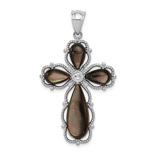 Sterling Silver Rhodium-plated Black Mother of Pearl Cross Pendant: 1 1/2"