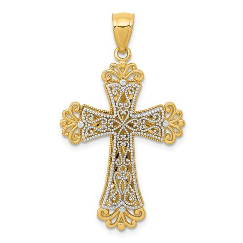 14KT Gold and White Gold Polished 2-Level Budded Cross Pendant- 1"
