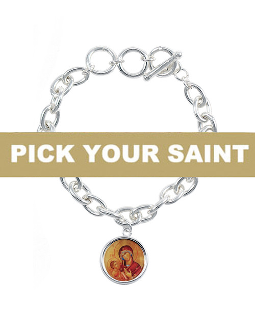 Pick-Your-Saint Round Icon Chain Bracelet - Sterling Silver Plated